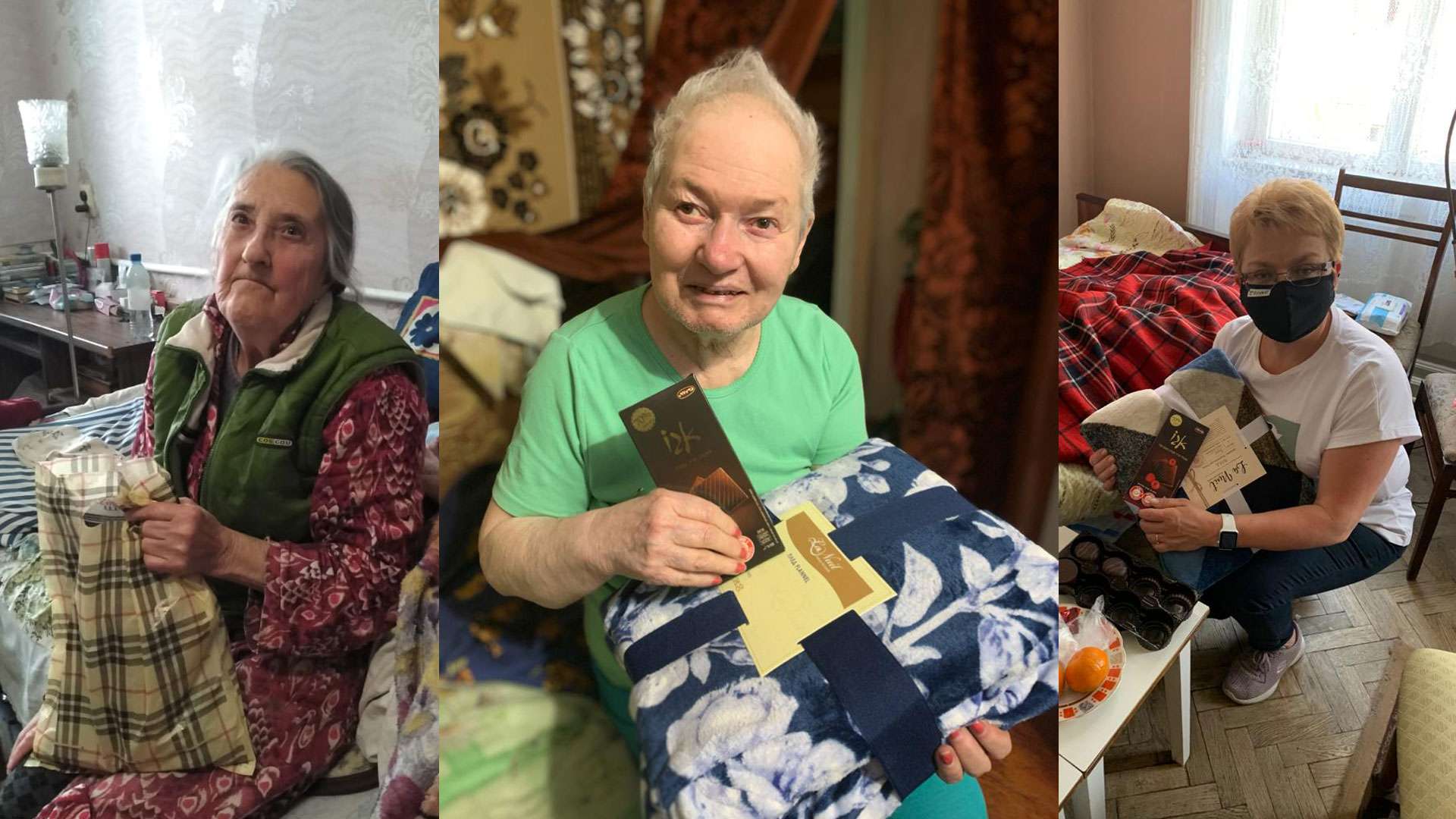Sponsored Holocaust Survivors receiving their timely gifts of food, clothing and personal care