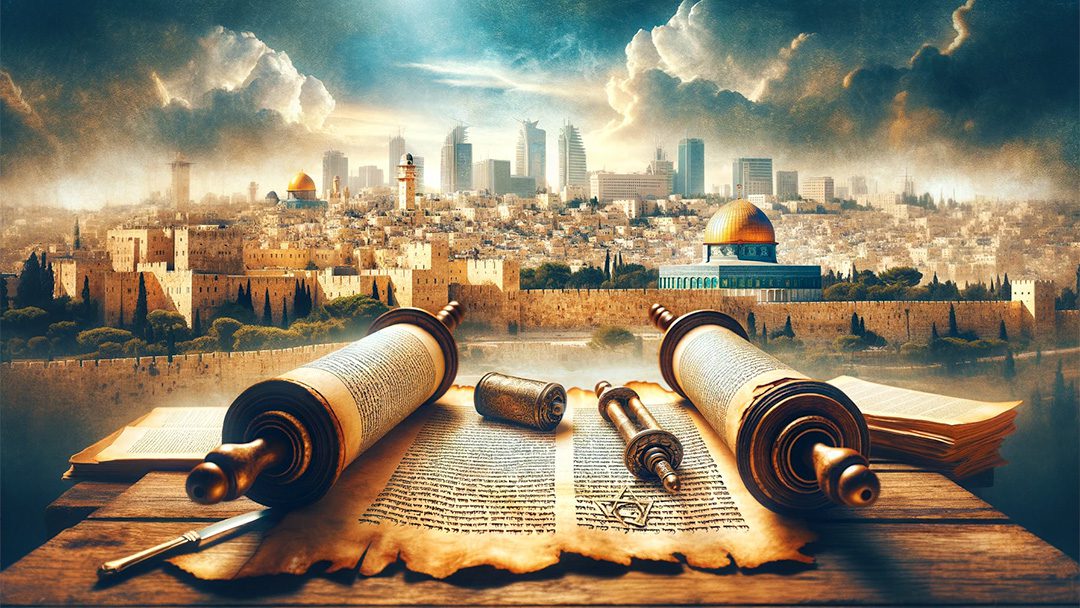 A Torah Scroll with the Jerusalem City Skyline in the distance